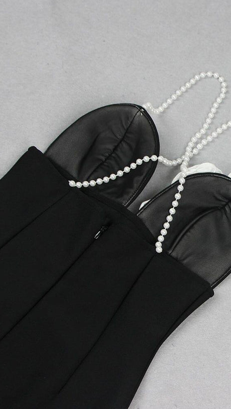 3D FLORAL PEARL SUSPENDER MIDI DRESS IN BLACK