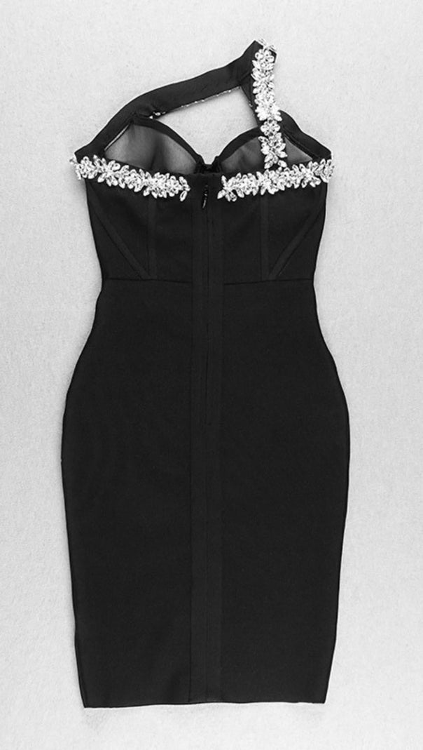 SCHWARZES CROSET-KLEID MIT KRISTALL-TRÄGERN