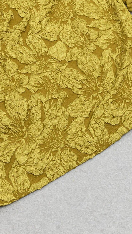 TURMERIC COLOR OFF SHOULDER MESH FLORAL LONG-SLEEVED MINI DRESS