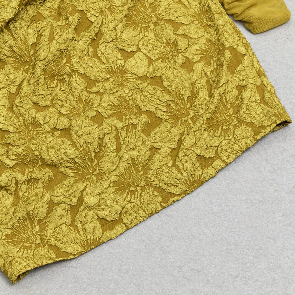 AIIZIE TURMERIC COLOR OFF SHOULDER MESH FLORAL LONG-SLEEVED MINI DRESS - product image