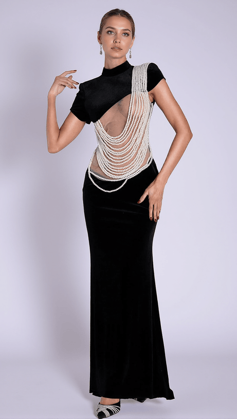 NOLWENN PEARL CHAIN CUTOUT RUFFLE DRESS