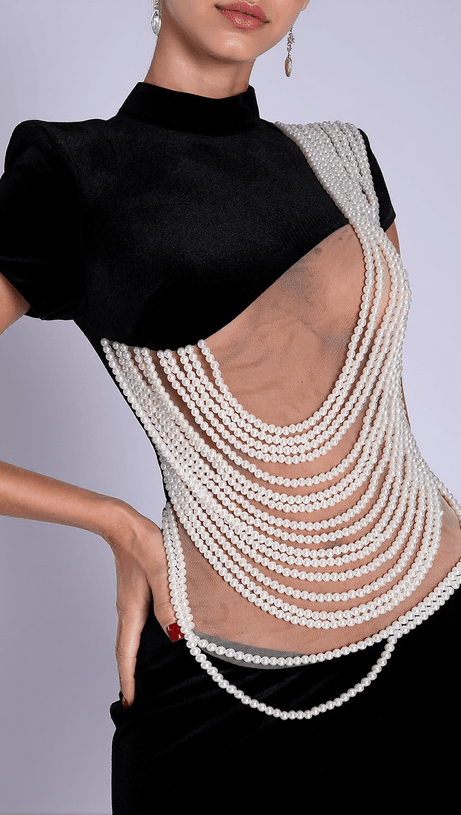 NOLWENN PEARL CHAIN CUTOUT RUFFLE DRESS