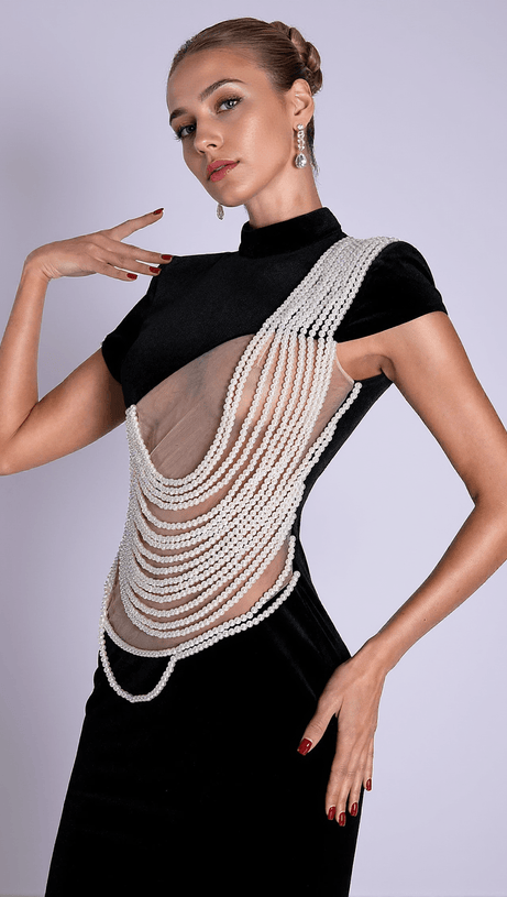 NOLWENN PEARL CHAIN CUTOUT RUFFLE DRESS