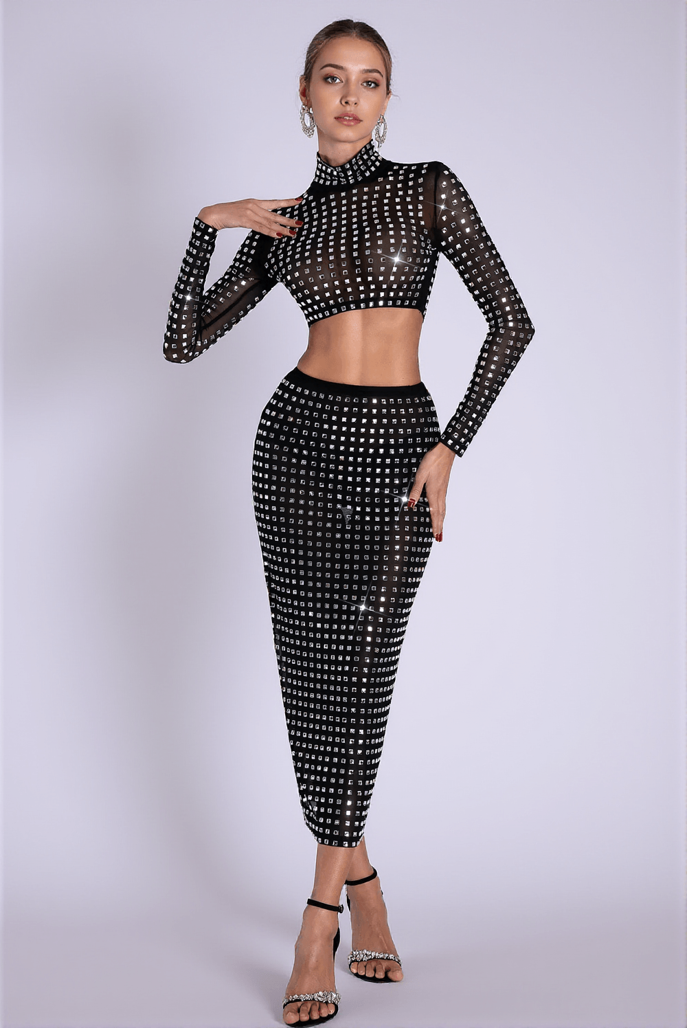 NASIHA MESH RHINESTONE SET IN BLACK