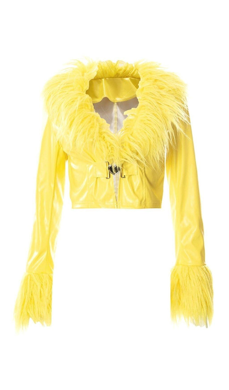 YELLOW FLUFFY COLLARED LONG SLEEVE BUCKLE FRONT LEATHER JACKET