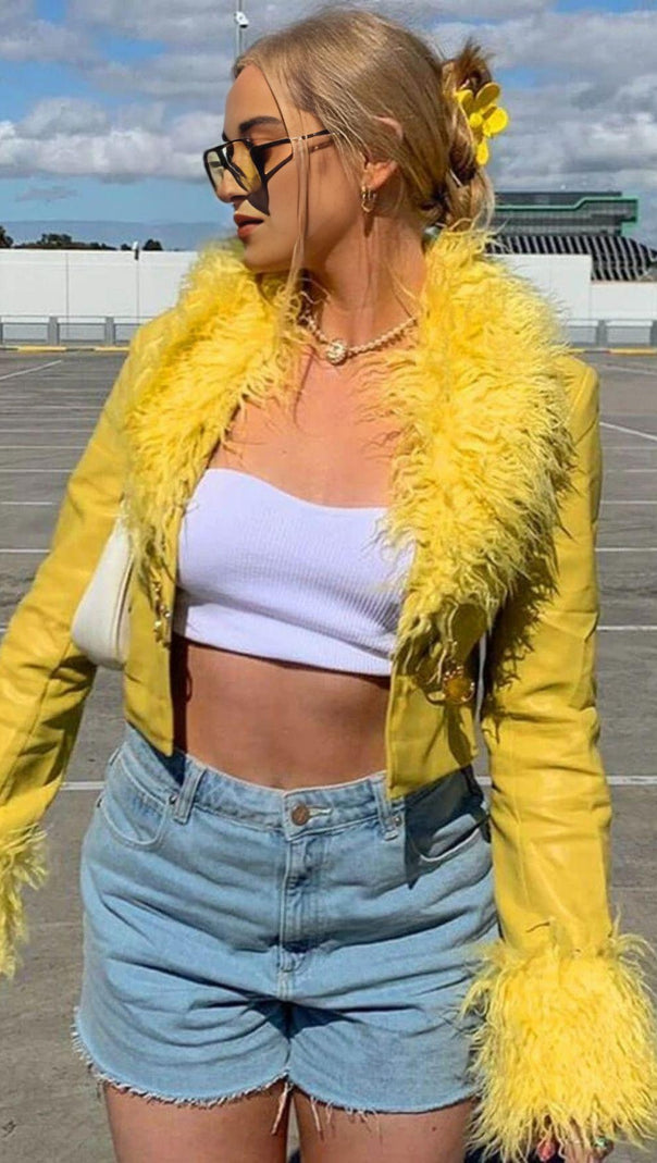 AIIZIE YELLOW FLUFFY COLLARED LONG SLEEVE BUCKLE FRONT LEATHER JACKET - product image