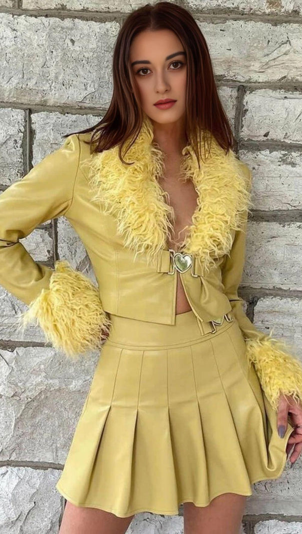 AIIZIE YELLOW FLUFFY COLLARED LONG SLEEVE BUCKLE FRONT LEATHER JACKET - product image