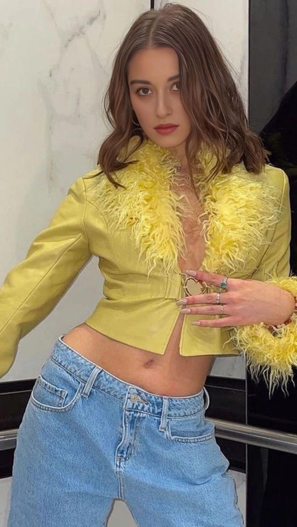 AIIZIE YELLOW FLUFFY COLLARED LONG SLEEVE BUCKLE FRONT LEATHER JACKET - product image