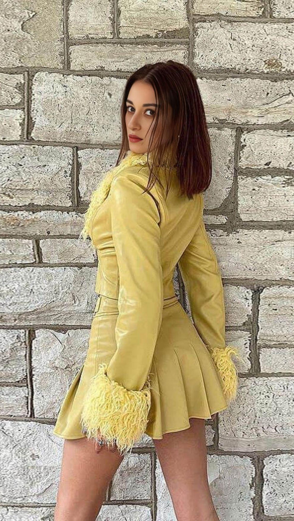 AIIZIE YELLOW FLUFFY COLLARED LONG SLEEVE BUCKLE FRONT LEATHER JACKET - product image