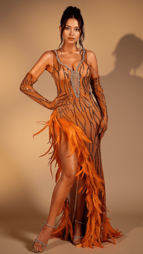 AIIZIE NABEELA SEQUIN FEATHER DIAMOND DRESS WITH GLOVES - product image