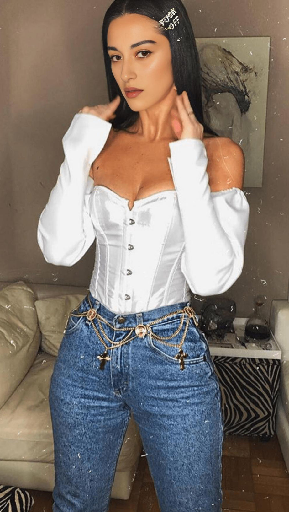 LACE-UP LONG PUFF SLEEVE CROSET TOP