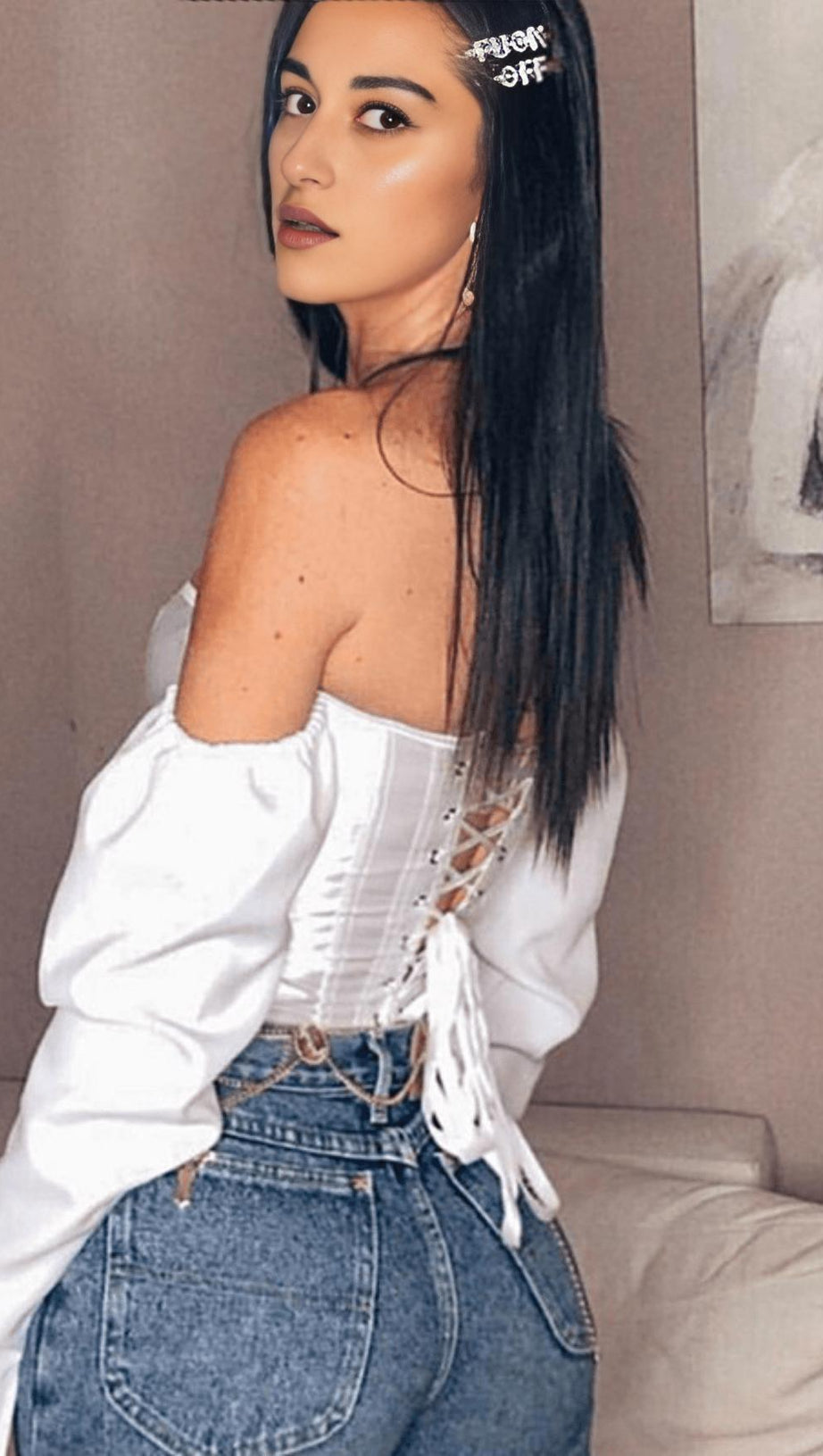 LACE-UP LONG PUFF SLEEVE CROSET TOP