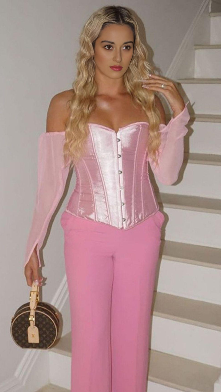 LACE-UP LONG PUFF SLEEVE CROSET TOP