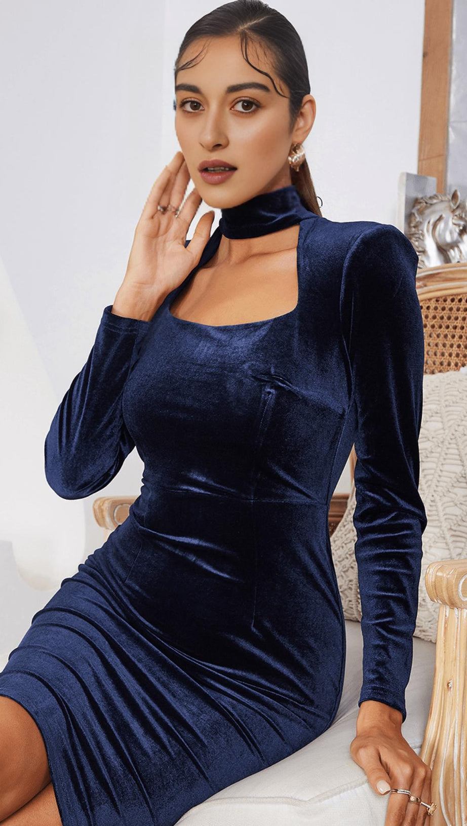 SQUARE NECK GOLD VELVET DRESS