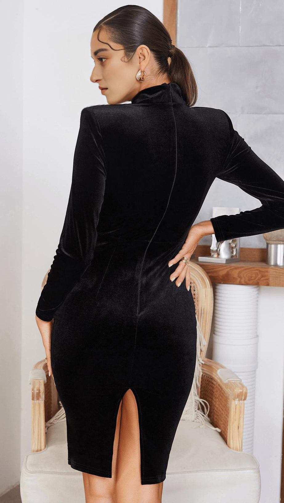 SQUARE NECK GOLD VELVET DRESS