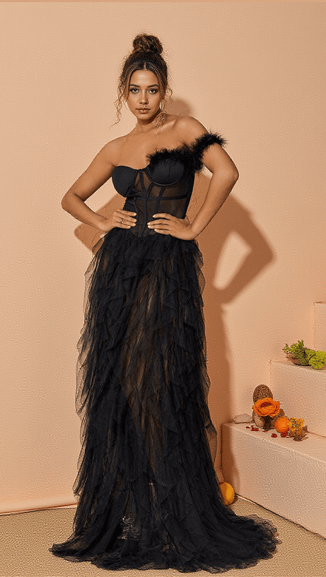 TITANIA ONE SHOULDER TULLE MAXI DRESS IN BLACK