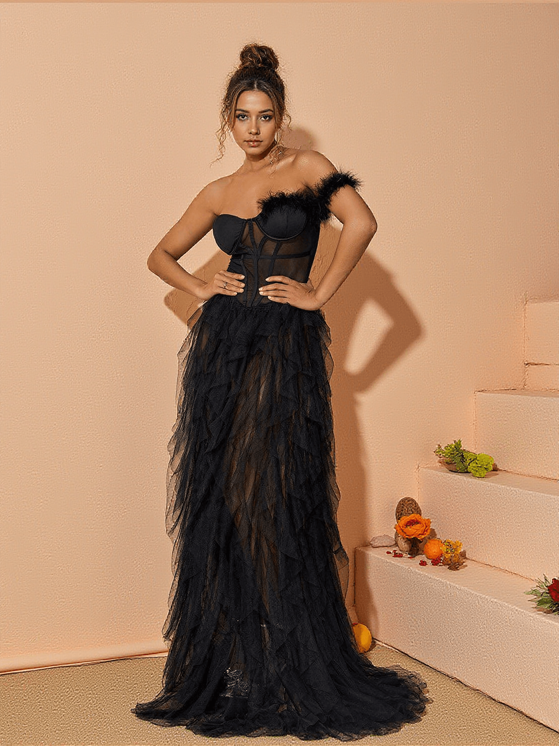 TITANIA ONE SHOULDER TULLE MAXI DRESS IN BLACK