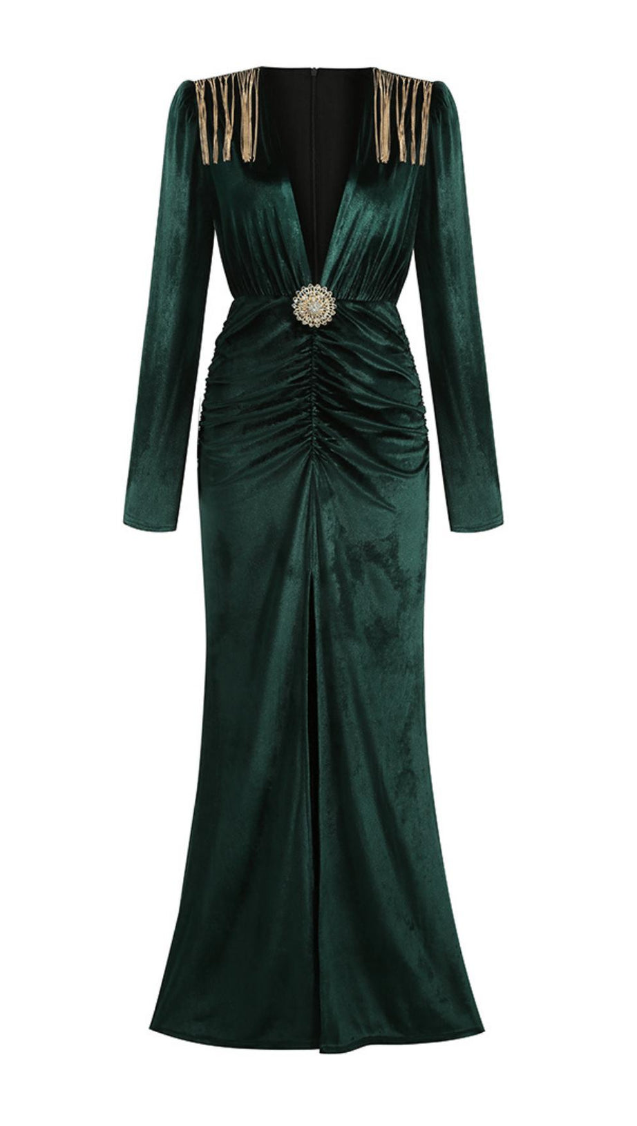 Langes Kleid mit Schulterpolstern und Fransen