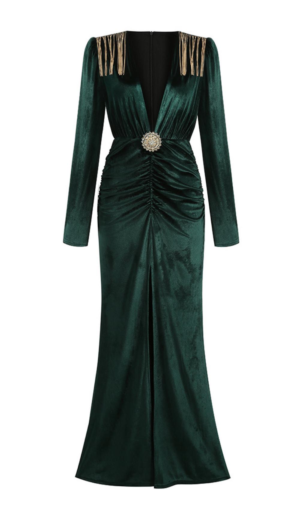 SHOULDER PAD FRINGED LONG GOWN