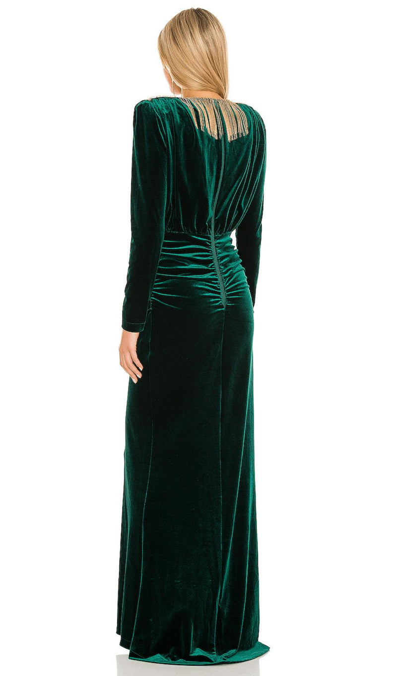 Shoulder pad fringed long gown