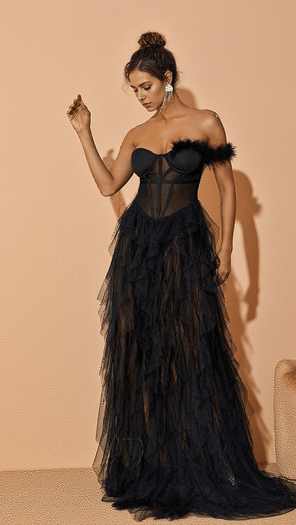 AIIZIE TITANIA ONE SHOULDER TULLE MAXI DRESS IN BLACK - product image