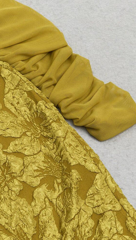 TURMERIC COLOR OFF SHOULDER MESH FLORAL LONG-SLEEVED MINI DRESS