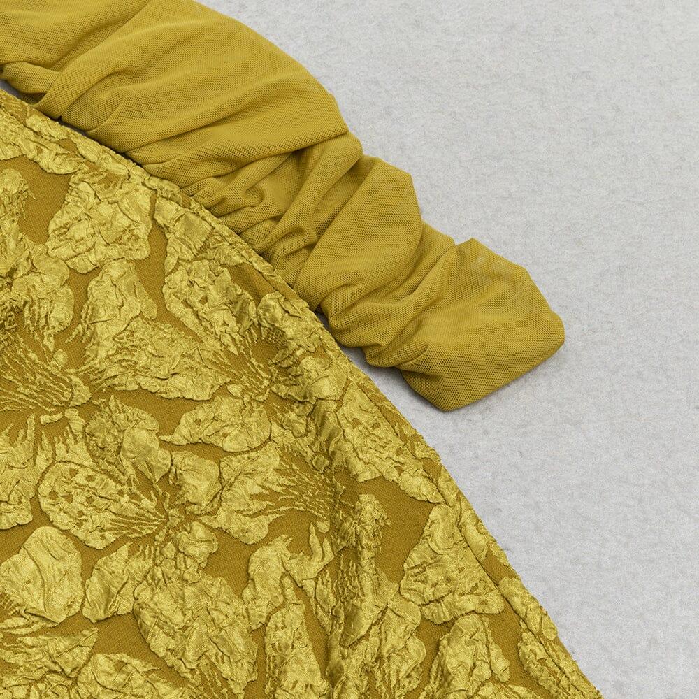 AIIZIE TURMERIC COLOR OFF SHOULDER MESH FLORAL LONG-SLEEVED MINI DRESS - product image