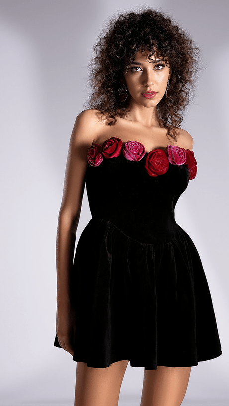 MACROULI FLORAL VELVET OFF SHOULDER MINI DRESS