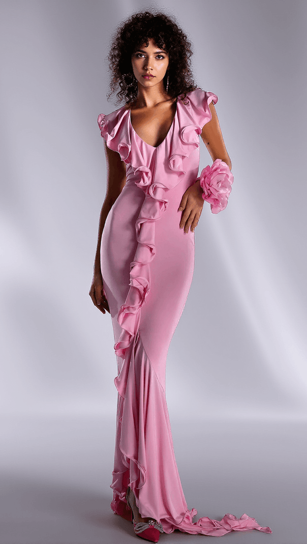 AIIZIE MELLIADE V-NECK RUFFLE DRESS WITH HAND FLOWER - product image