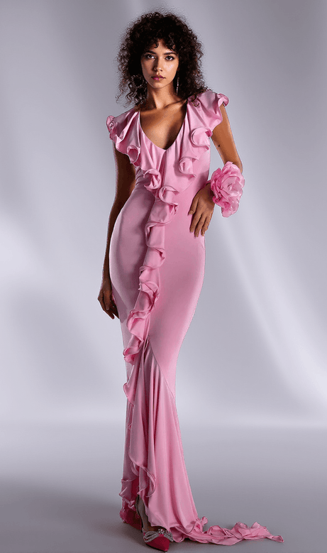 Melliade V-Neck Ruffle Dress With Hand Flower