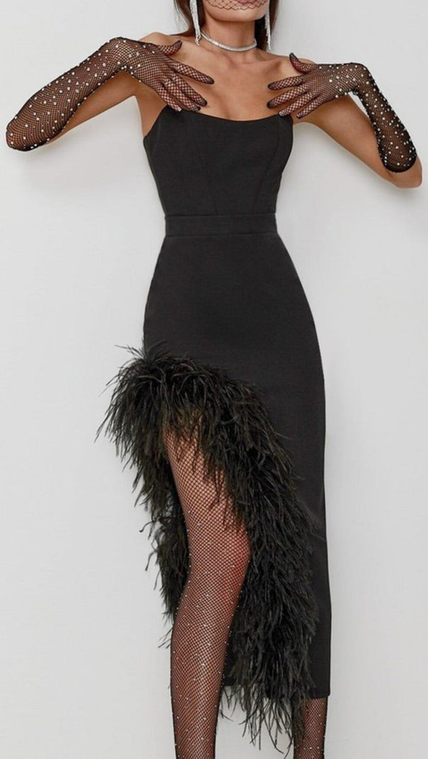 AIIZIE FEATHER HIGH-LOW DRESS IN BLACK - product image