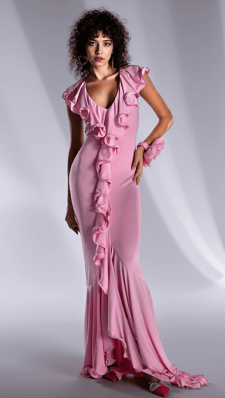 MELLIADE V-NECK RUFFLE DRESS WITH HAND FLOWER