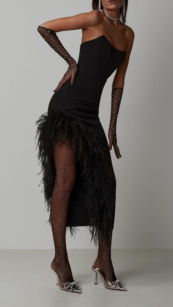 AIIZIE FEATHER HIGH-LOW DRESS IN BLACK - product image