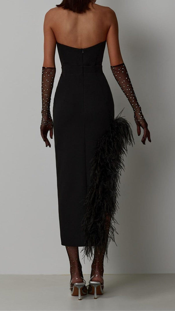 AIIZIE FEATHER HIGH-LOW DRESS IN BLACK - product image