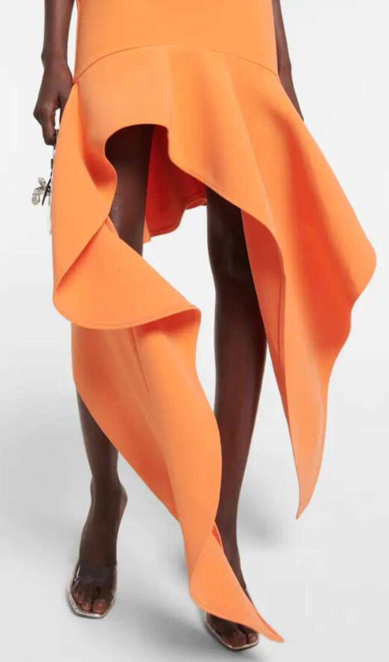 RUFFLED ASYMMETRIC HIGH-LOW DRESS IN ORANGE