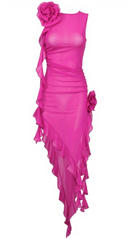 NORINE MESH FLOWER MIDI DRESS IN HOT PINK