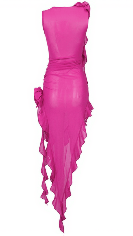 NORINE MESH FLOWER MIDI DRESS IN HOT PINK