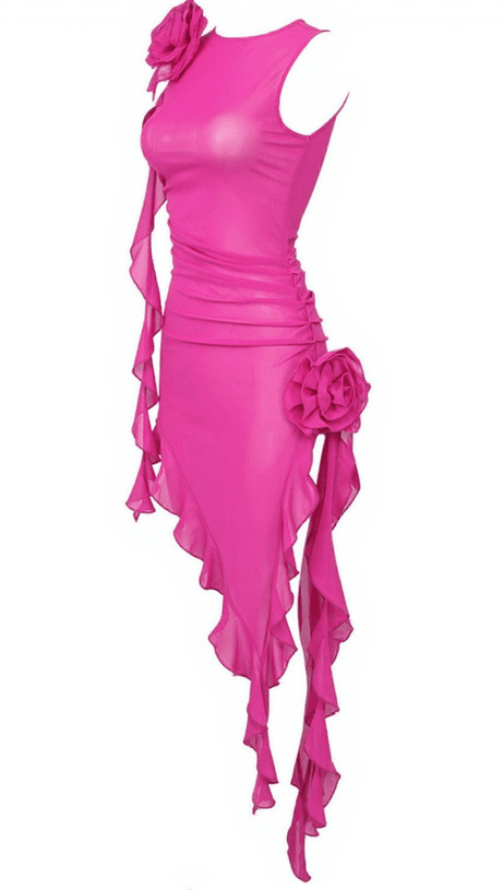 NORINE MESH FLOWER MIDI DRESS IN HOT PINK