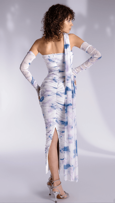 ABITO MIDI ANTHA CON PIEGHE FLOREALI E GUANTI