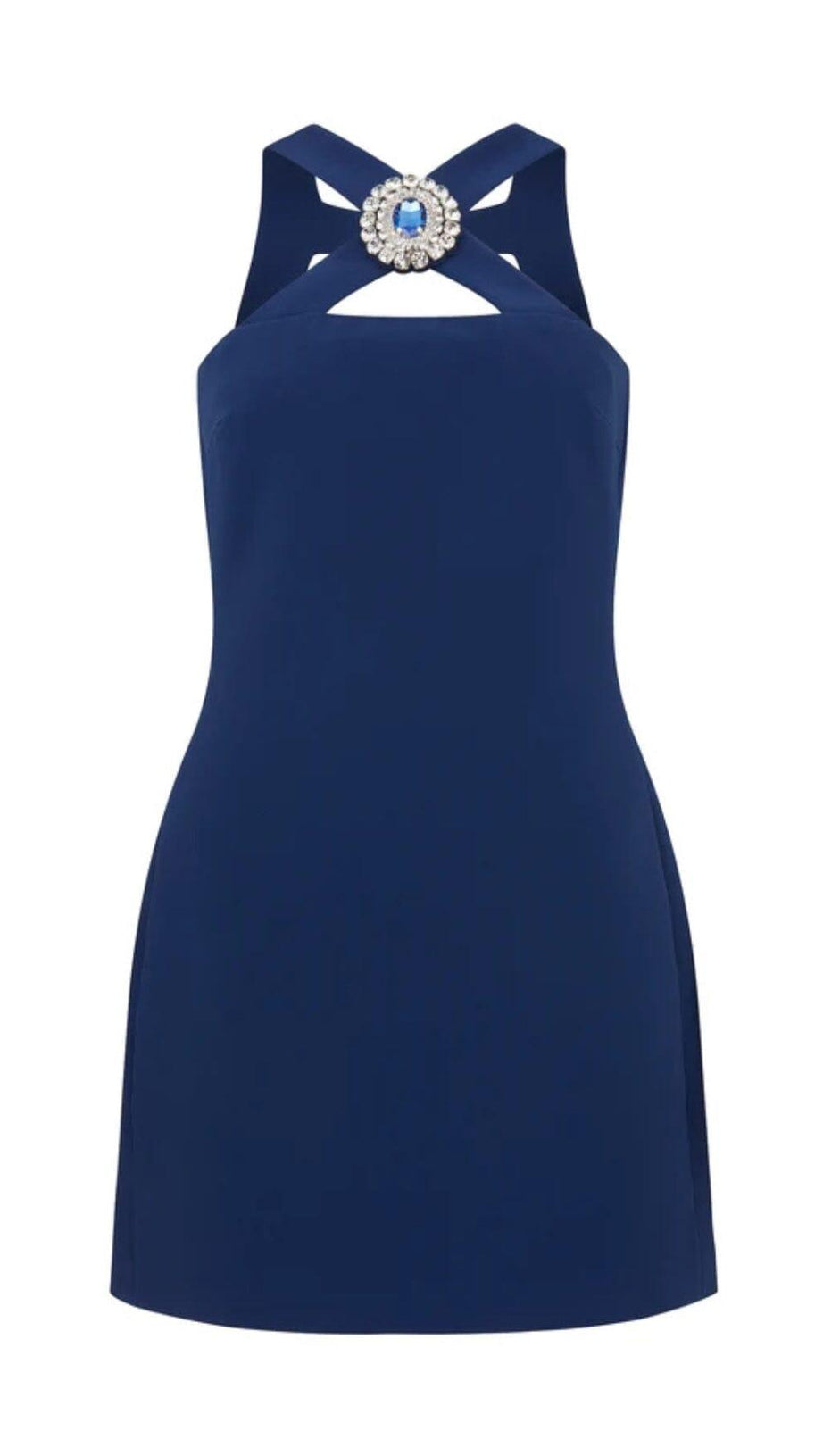 CRYSTAL-BROOCH CREPE MINI DRESS IN NAVY BLUE