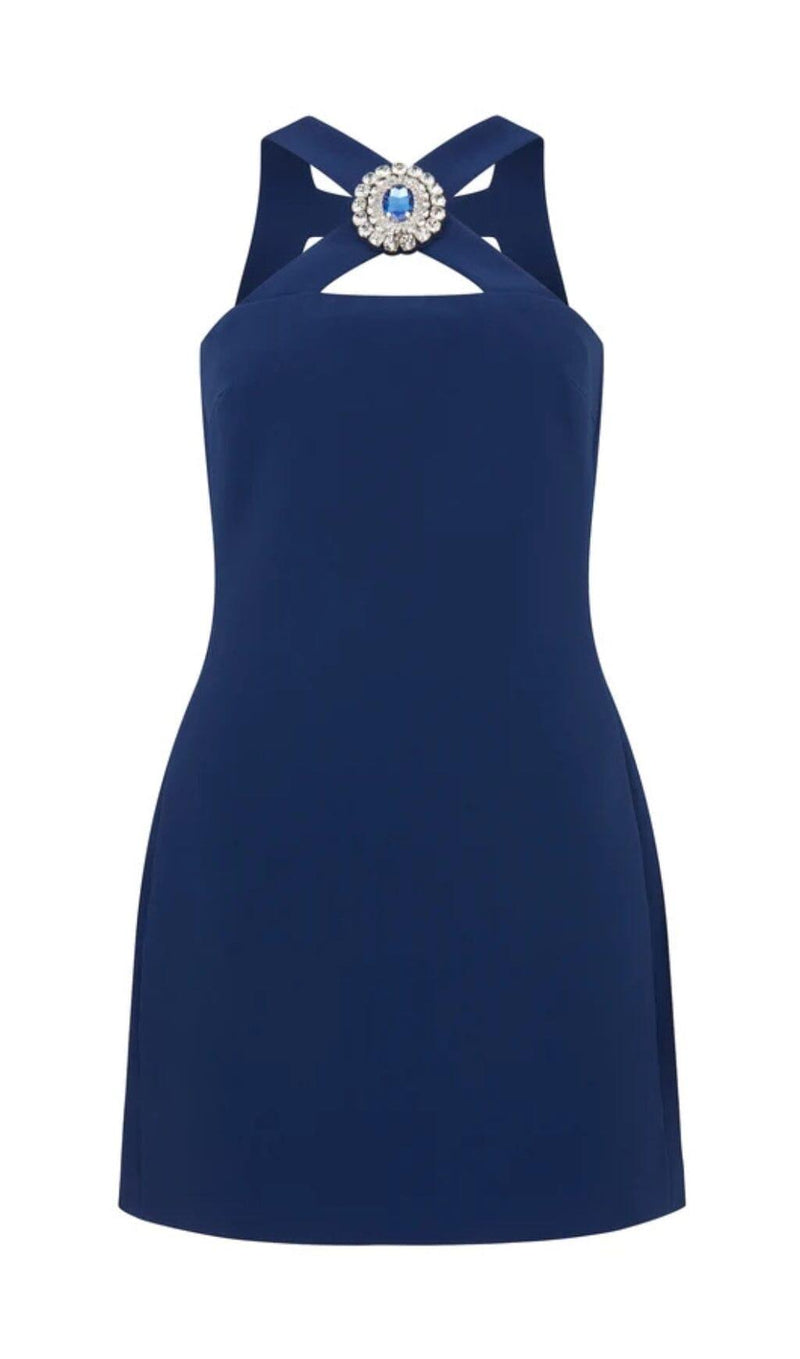 CRYSTAL-BROOCH CREPE MINI DRESS IN NAVY BLUE