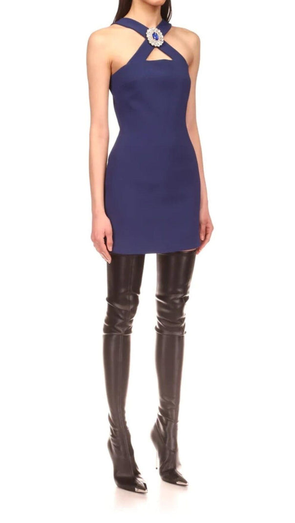 AIIZIE CRYSTAL-BROOCH CREPE MINI DRESS IN NAVY BLUE - product image
