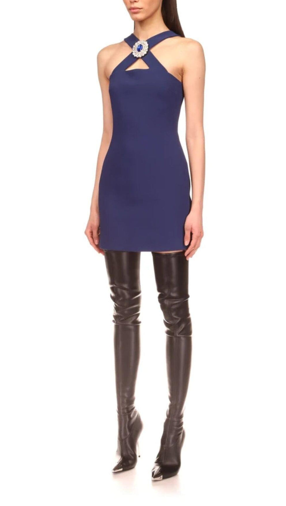 CRYSTAL-BROOCH CREPE MINI DRESS IN NAVY BLUE