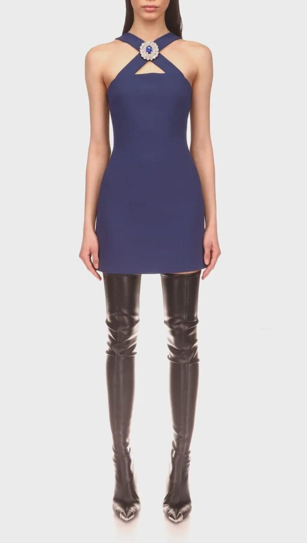 AIIZIE CRYSTAL-BROOCH CREPE MINI DRESS IN NAVY BLUE - product image