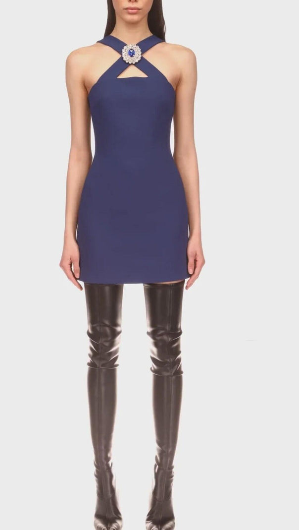 AIIZIE CRYSTAL-BROOCH CREPE MINI DRESS IN NAVY BLUE - product image