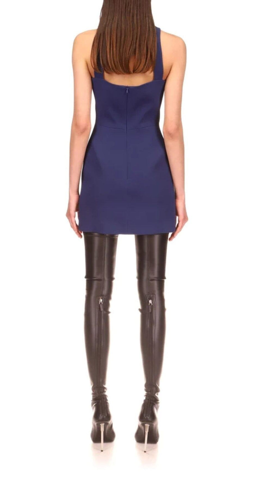 CRYSTAL-BROOCH CREPE MINI DRESS IN NAVY BLUE