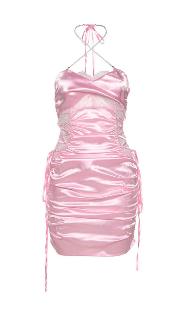 SATIN RUCHED MINI DRESS IN PINK