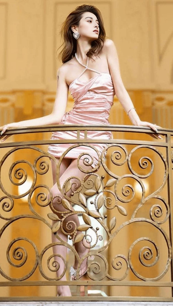 AIIZIE SATIN RUCHED MINI DRESS IN PINK - product image