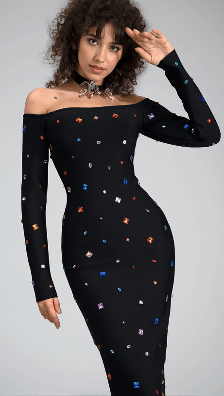 ABITO MIDI A MANICHE LUNGHE CON CRISTALLI GANIDE