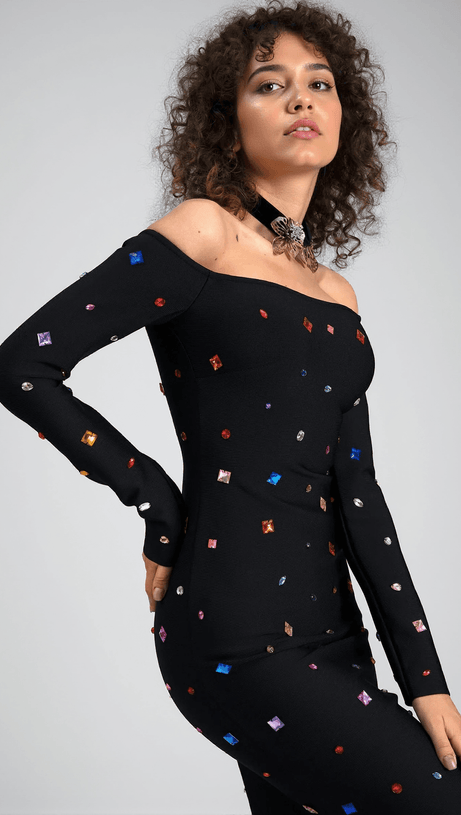 ABITO MIDI A MANICHE LUNGHE CON CRISTALLI GANIDE